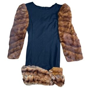 Handmade 1950s Mink Fur Sleeve Trim Shift Dress Small Black Oddity weird odd